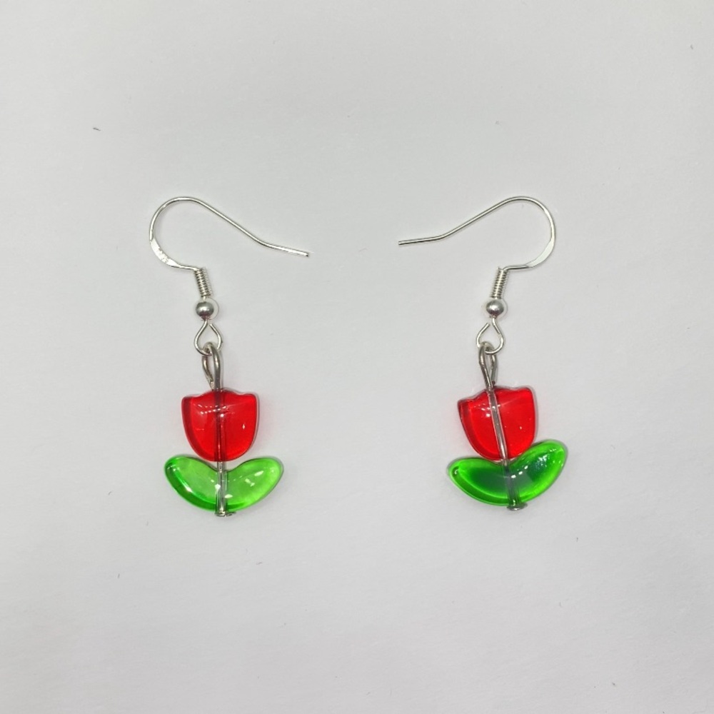 Red Glass Tulip Hook Earrings 🌷❤️